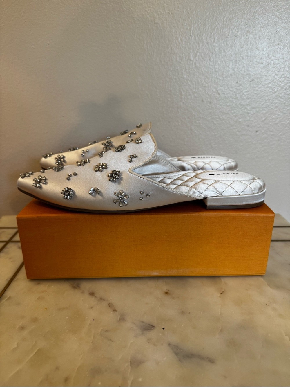 Birdies Women's White Jeweled Satin Mules - Picture 7 of 13